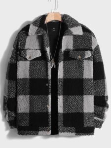 men buffalo plaid pattern drop shoulder teddy coat without tee